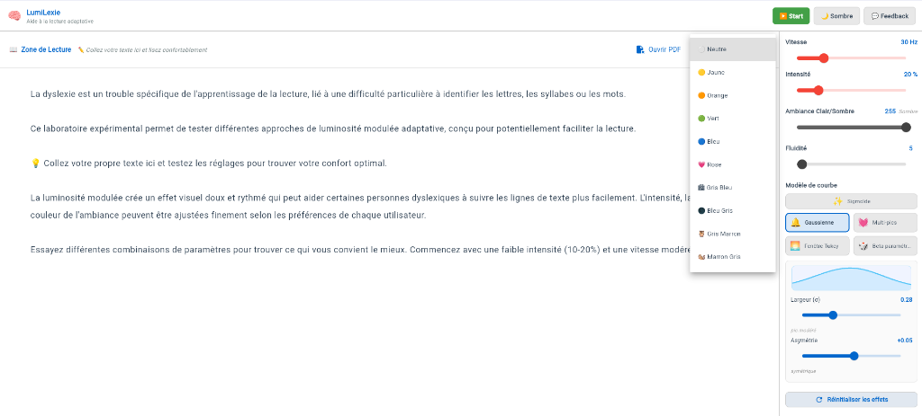 Interface complète d'EasyLexie — zone de lecture et panneau de réglages