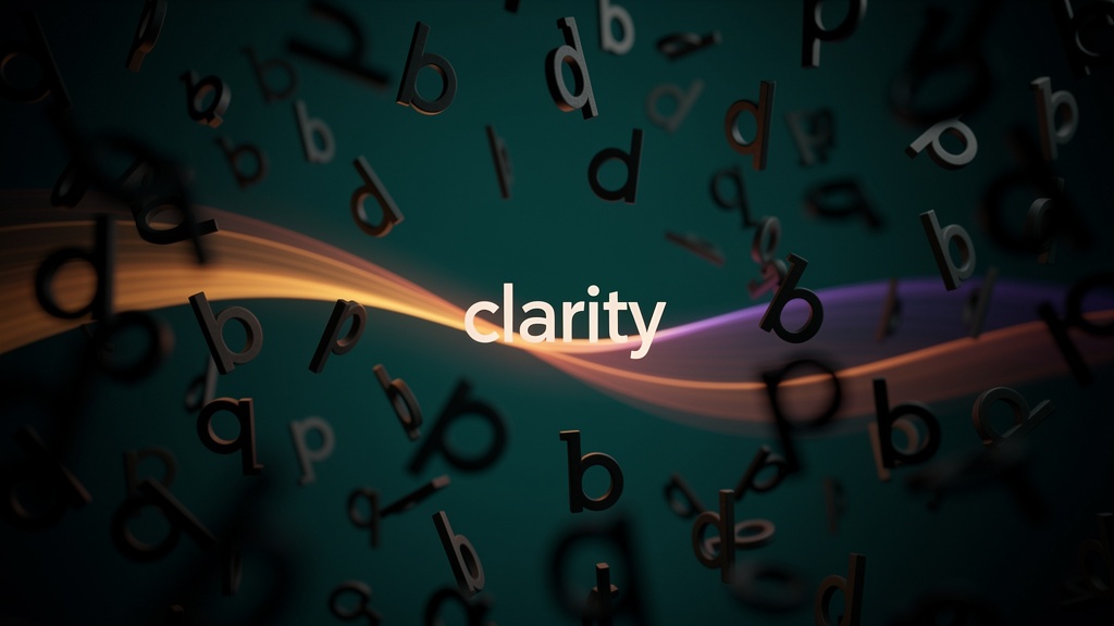 Des lettres éparpillées et instables symbolisant la dyslexie, apaisées par une onde lumineuse douce