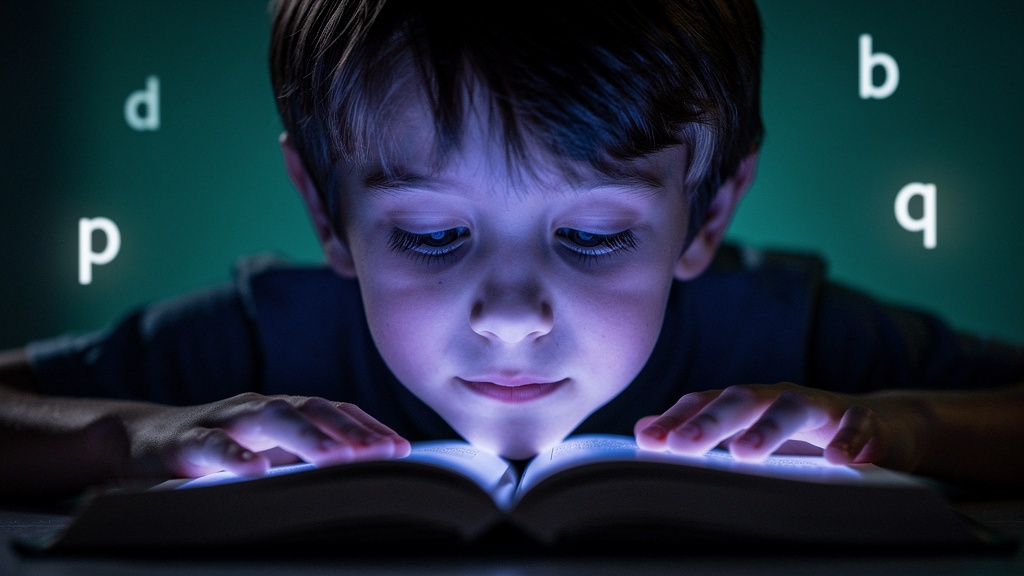 Enfant lisant confortablement sous une lumière douce — EasyLexie rend la lecture accessible