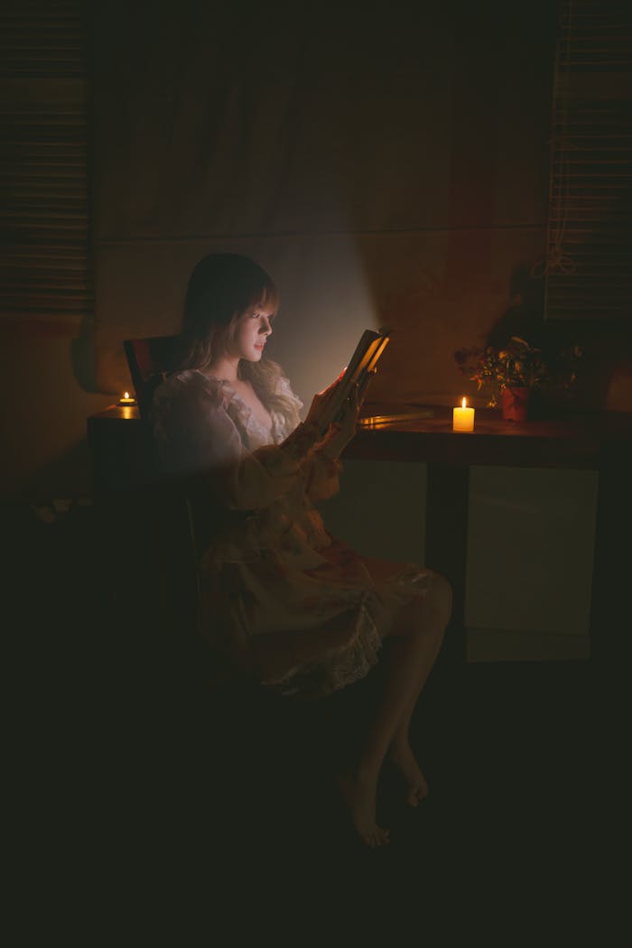 Woman reading by candlelight in dimly lit room, creating a peaceful atmosphere.