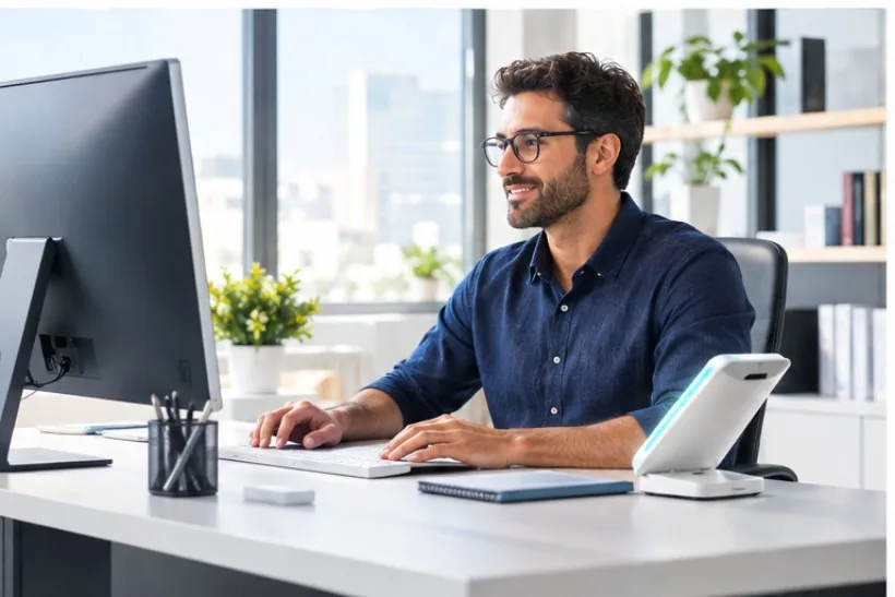 Homme qui lit sur un grand écran au bureau