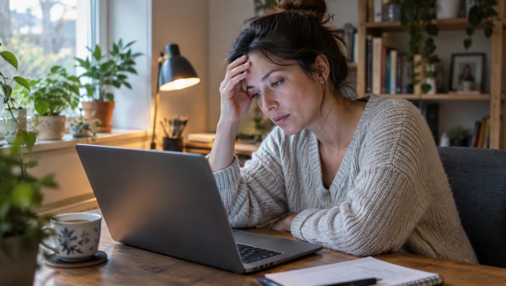 Personne fatiguée lisant un document sur un ordinateur portable dans un bureau à la maison