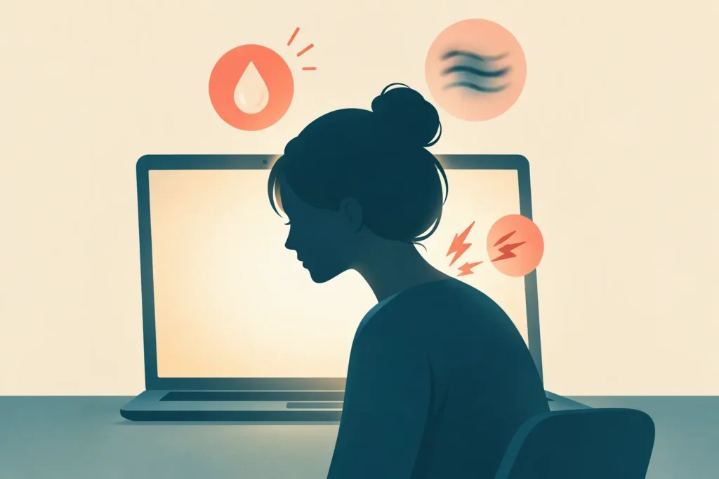 Silhouette devant un écran avec des symboles de gêne : sécheresse, vision floue, tension de la nuque