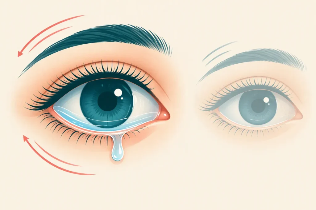 Illustration d'un oeil avec un film lacrymal et un mouvement de clignement, comparé à un oeil moins lubrifié