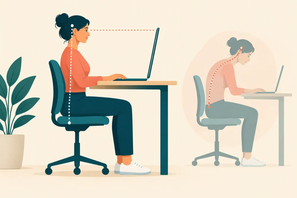 Comparaison d'une posture droite devant un ordinateur et d'une posture voûtée