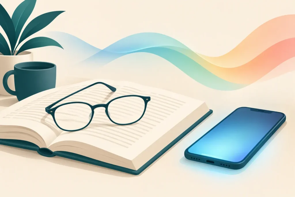 Lunettes posées sur un livre ouvert à côté d'un smartphone