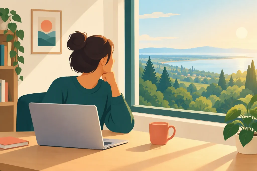 Personne qui détourne le regard de son ordinateur vers un paysage lointain