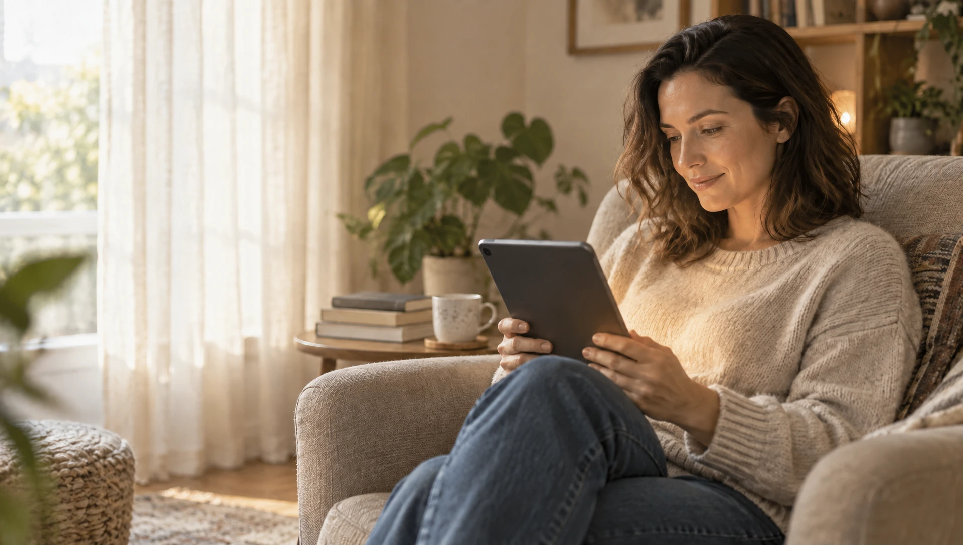 Femme qui lit sur une tablette dans un fauteuil, éclairée par une lumière douce